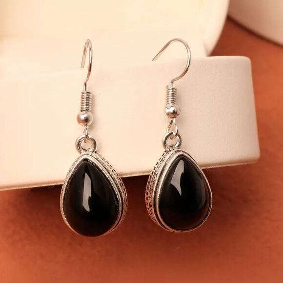 Silver Black Onyx Crystal Dangle Earrings Vintage Style Pendant Stone Teardrop - Picture 2 of 6